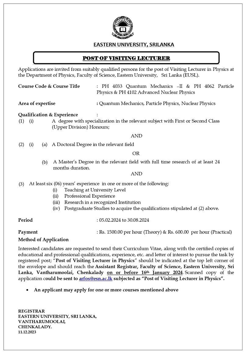 Post of Visiting Lecturer in Physics Faculty of Science